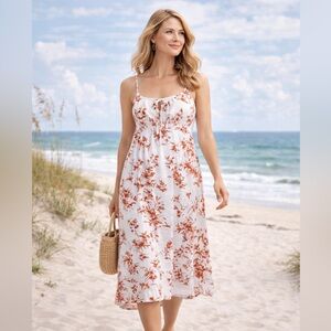 Monteau Los Angeles Floral White Rust Midi Dress M NWT